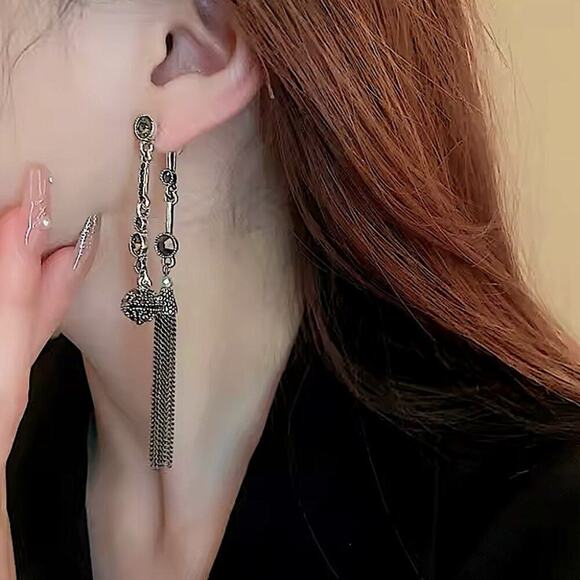 Antique Silver Rhinestone Earring Round Ball Long Fringe Tassel Earrings Boho - Picture 5 of 12